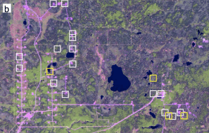 Satellite imagery of the spill, yellow boxes indicate bitumen releases